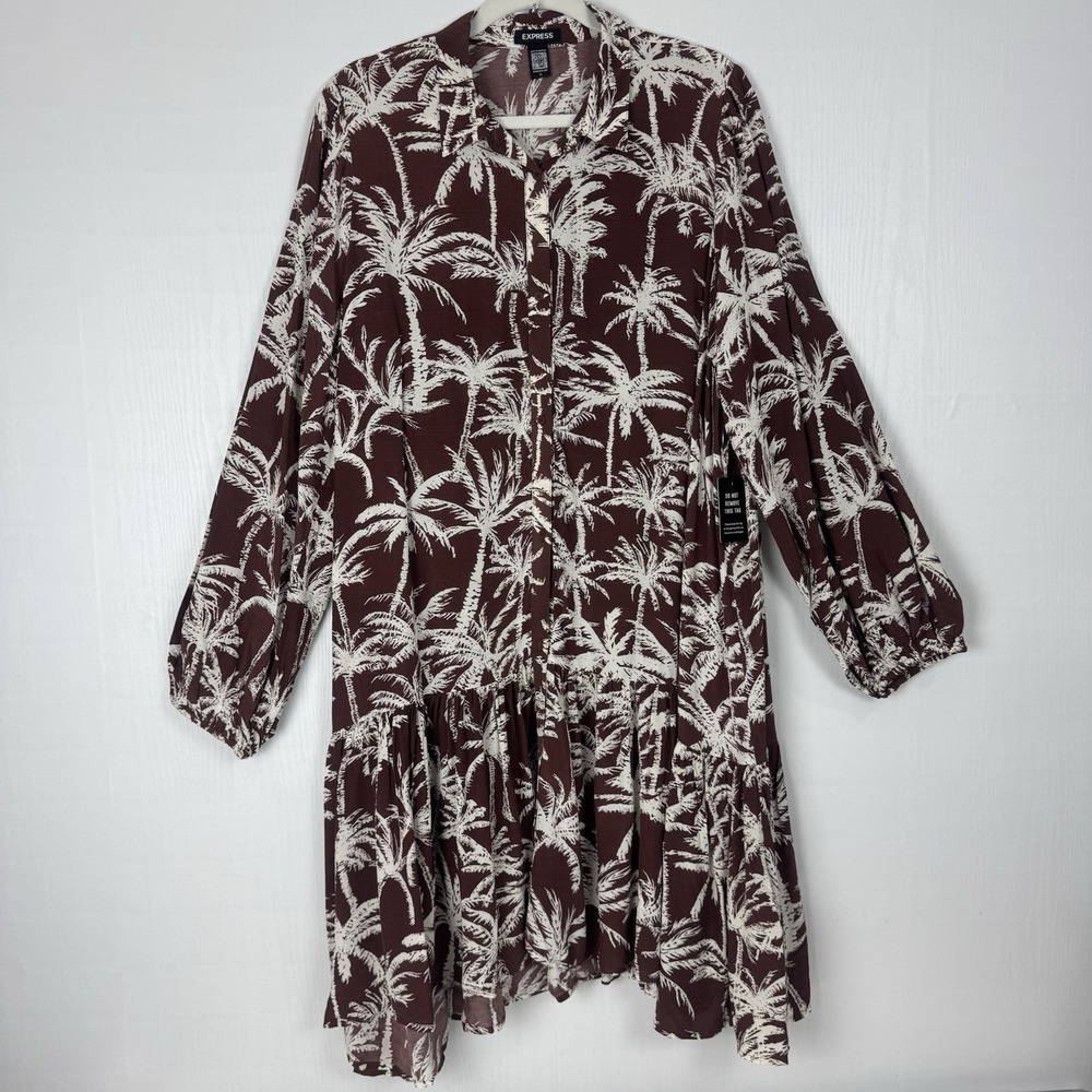 Express Palm tree‎ print light shirt dress ruffled hem long sleeve  Size XL NWT
